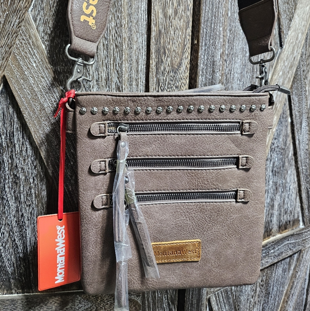NWT Brown Montana West Brown Crossbody Bag with Stud Accents